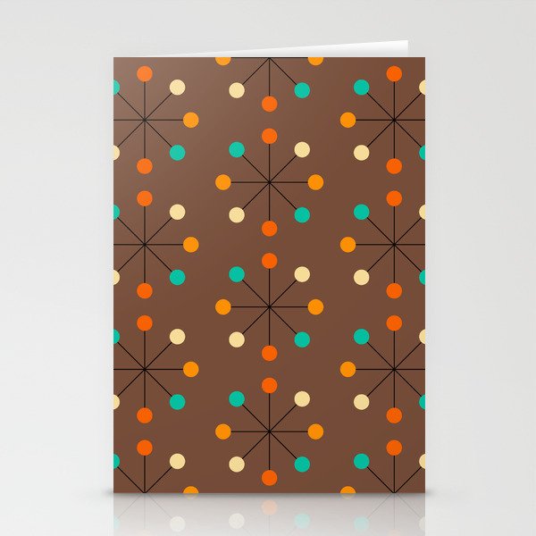 50s Mid Century Modern Atomic Pattern in Brown, Orange, Yellow & Turquoise Stationery Cards