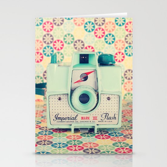Film Mint Camera on a Colourful Retro Background Stationery Cards