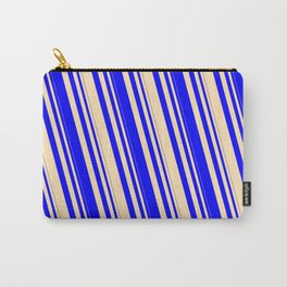 [ Thumbnail: Blue & Beige Colored Striped Pattern Carry-All Pouch ]