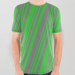 [ Thumbnail: Grey and Lime Green Colored Striped Pattern All Over Graphic Tee ]