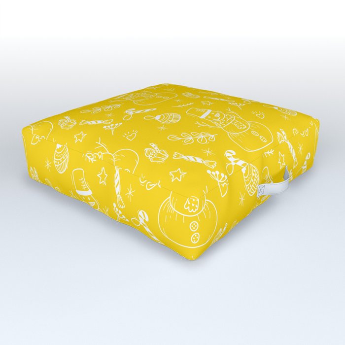 Yellow and White Christmas Snowman Doodle Pattern Outdoor Floor Cushion