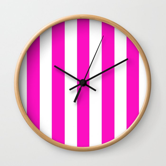 Shocking Pink Solid Color White Vertical Lines Pattern Wall Shocking Pink Solid Color White Vertical Lines Pattern Wall Clock