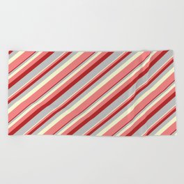 [ Thumbnail: Light Yellow, Light Coral, Red, and Grey Colored Lines/Stripes Pattern Beach Towel ]