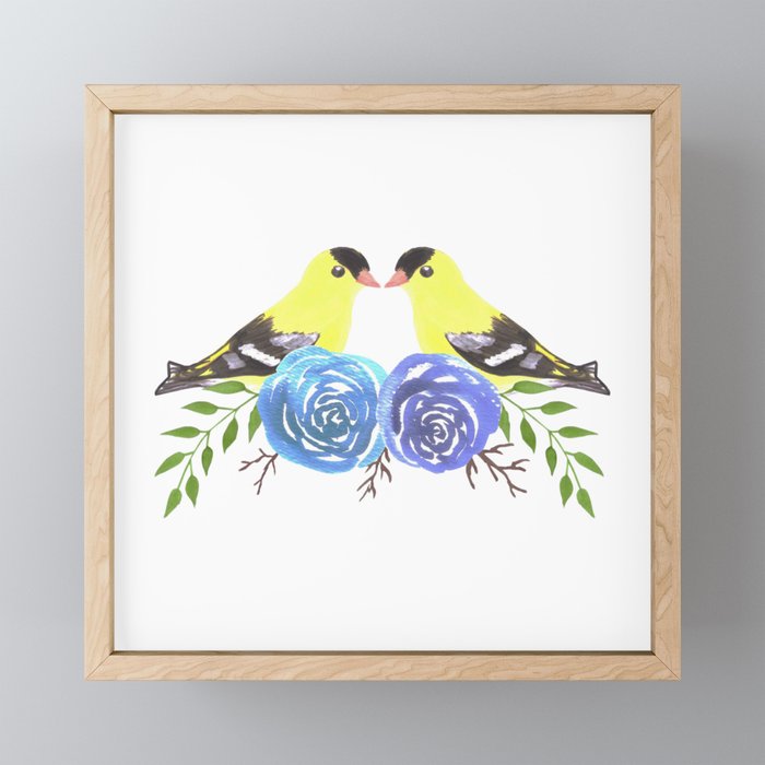 American goldfinch on roses Framed Mini Art Print