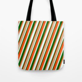 [ Thumbnail: Tan, Mint Cream, Dark Green & Red Colored Stripes Pattern Tote Bag ]