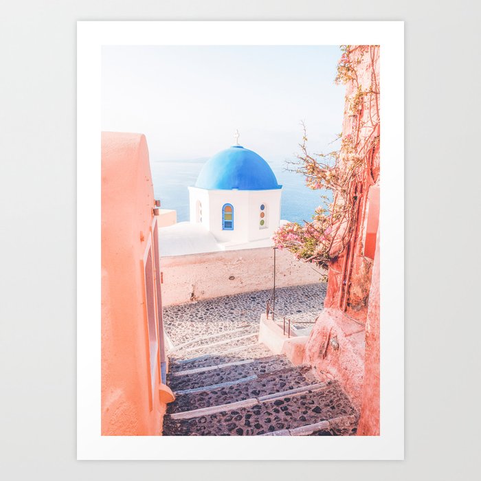 Santorini Greece Pink Old Street Travel photography Art Print
