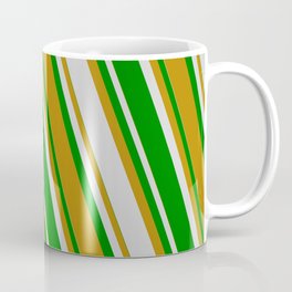 [ Thumbnail: Light Gray, Green & Dark Goldenrod Colored Lines Pattern Coffee Mug ]