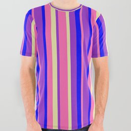 [ Thumbnail: Hot Pink, Pale Goldenrod, Dark Orchid & Blue Colored Stripes Pattern All Over Graphic Tee ]