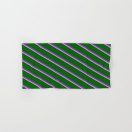 [ Thumbnail: Plum, Dark Green & Dark Orchid Colored Lined/Striped Pattern Hand & Bath Towel ]
