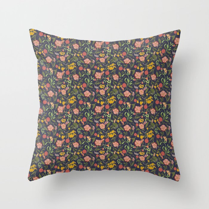 Scattered Floral Garden Pattern with Butterflies and Dragonflies Throw Pillow