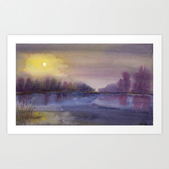 Painting: Sun breaking through the mist #3, Purple Lake Art Print