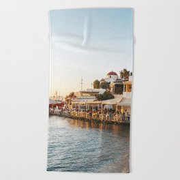 Sunset over Greek Tavern on the Seaside | Sunset Travel Photography on Mykonos, Greece | Summer Vibes Beach Towel