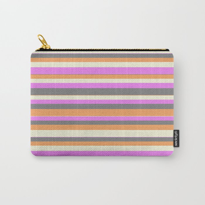 Violet, Gray, Brown, and Beige Colored Lined/Striped Pattern Carry-All Pouch