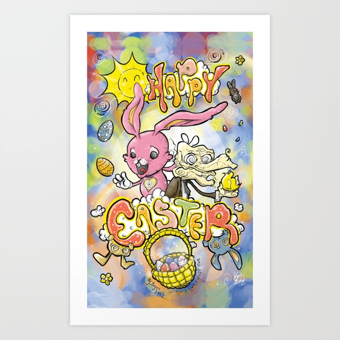 HAPPY EASTER with Cartoony Old Man Joe & the CUTEST Easter Bunny EVER Hand Drawn One of a Kind Art Art Print