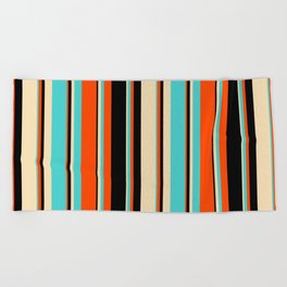 [ Thumbnail: Red, Black, Tan & Turquoise Colored Lined/Striped Pattern Beach Towel ]