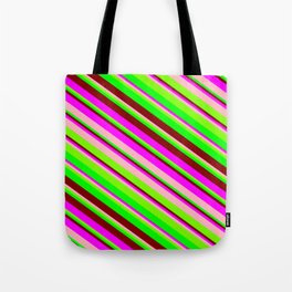 [ Thumbnail: Vibrant Fuchsia, Light Pink, Green, Lime, and Maroon Colored Pattern of Stripes Tote Bag ]