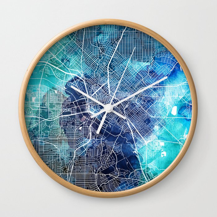 Dallas Texas Map Navy Blue Turquoise Watercolor Wall Clock