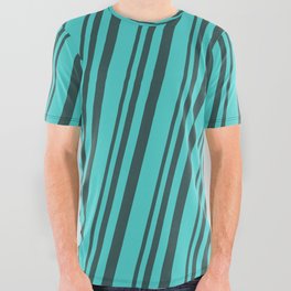 [ Thumbnail: Dark Slate Gray & Turquoise Colored Striped Pattern All Over Graphic Tee ]