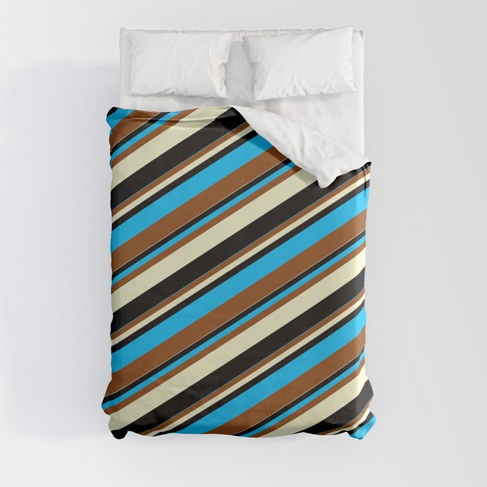 Deep Sky Blue, Brown, Light Yellow & Black Colored Lines Pattern Duvet Cover