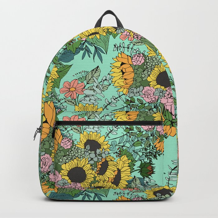 Trendy yellow sunflowers and pink roses mint design Backpack