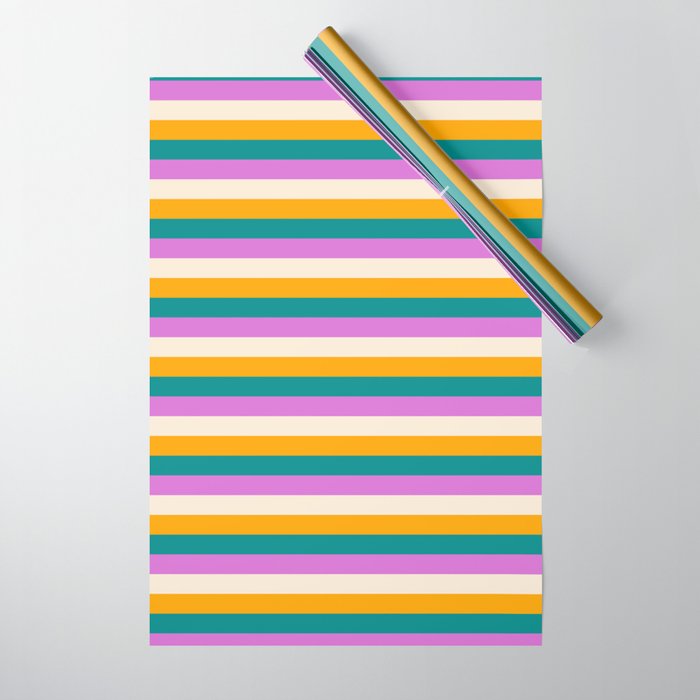 Beige, Orange, Dark Cyan & Orchid Colored Stripes Pattern Wrapping Paper