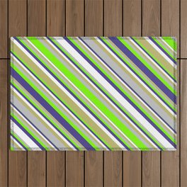 [ Thumbnail: Eyecatching Green, Dark Slate Blue, White, Dark Khaki & Grey Colored Lined Pattern Outdoor Rug ]
