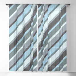 [ Thumbnail: Slate Gray, Black, Sky Blue, Dark Slate Gray & Light Cyan Colored Striped Pattern Sheer Curtain ]