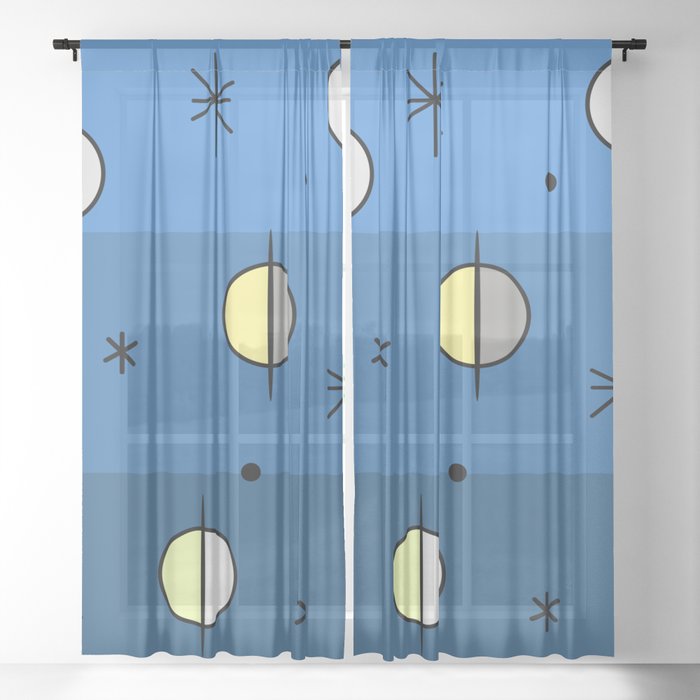 Retro Space Age Planets Stars Blue Sheer Curtain