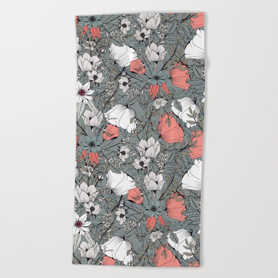 Seamless pattern design with hand drawn flowers and floral elements Beach Towel