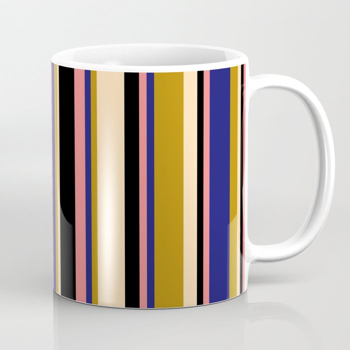 Light Coral, Midnight Blue, Dark Goldenrod, Tan & Black Colored Lined Pattern Coffee Mug