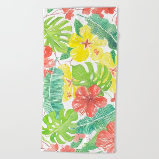 Tropical garden, hibisus, plumeria and palm leaves Beach Towel
