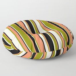 [ Thumbnail: Beige, Green, Coral & Black Colored Stripes Pattern Floor Pillow ]