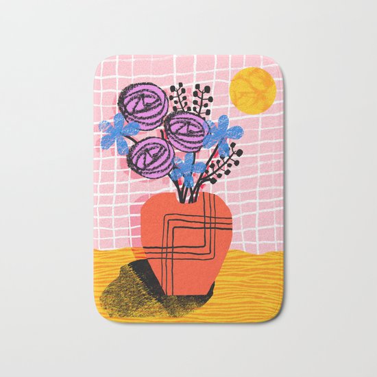 Just Kidding - memphis retro 80s throwback modern still life abstract floral flower vase Bath Mat