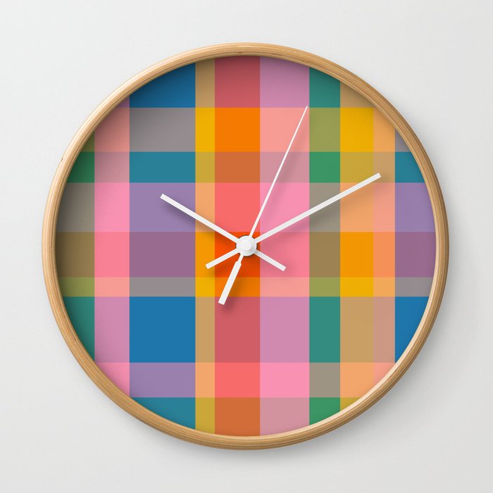 Rainbow Pop Colorful Checked Plaid Pattern Wall Clock