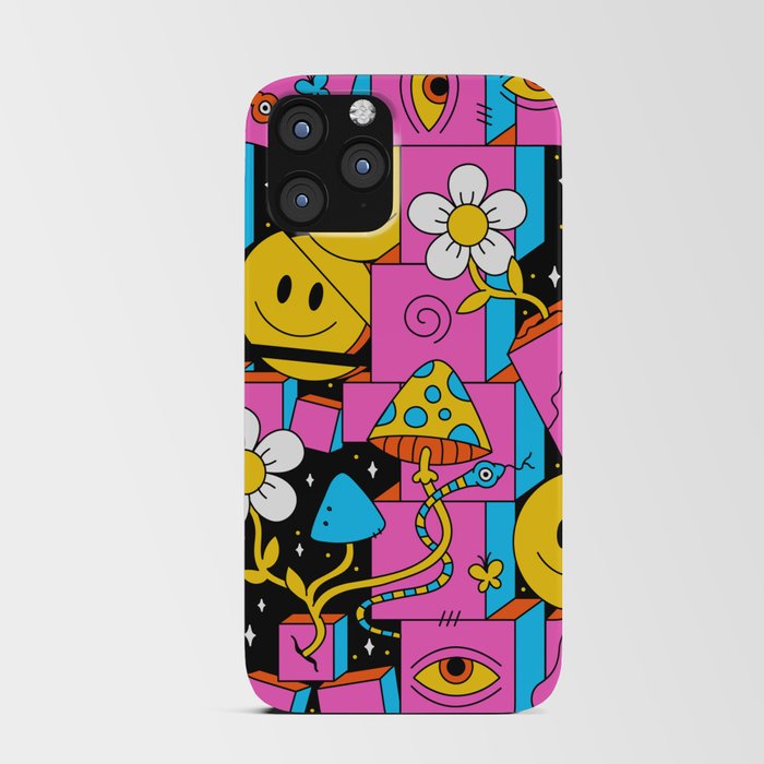 Space trippy 60s style psychedelic geometry seamless pattern art. crazy illustration. Smiley groovy faces, magic mushrooms, space, techno, acid, trippy style seamless pattern wallpaper print concept iPhone Card Case