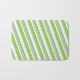 [ Thumbnail: Light Cyan, Green, and Grey Colored Lined Pattern Bath Mat ]
