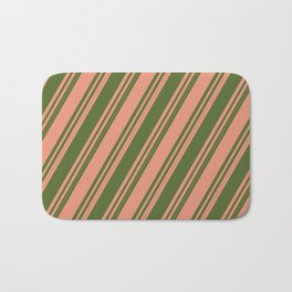[ Thumbnail: Dark Salmon and Dark Olive Green Colored Striped/Lined Pattern Bath Mat ]