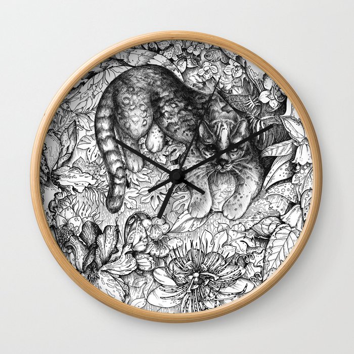 Tropical Wild Cat with Passiflora Wall Clock