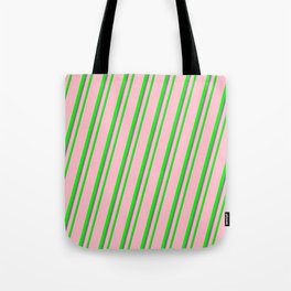 [ Thumbnail: Pink, Lime & Grey Colored Lined Pattern Tote Bag ]