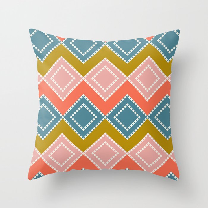 Ethnic Boho Abstract Textile Pattern - Orange and Blue Throw Pillow