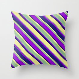 [ Thumbnail: Dark Sea Green, Dark Violet, Midnight Blue, and Tan Colored Lines Pattern Throw Pillow ]