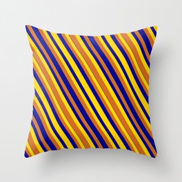 [ Thumbnail: Dark Blue, Yellow, and Chocolate Colored Striped/Lined Pattern Throw Pillow ]