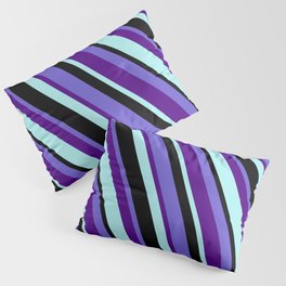 [ Thumbnail: Slate Blue, Indigo, Turquoise & Black Colored Striped Pattern Pillow Sham ]