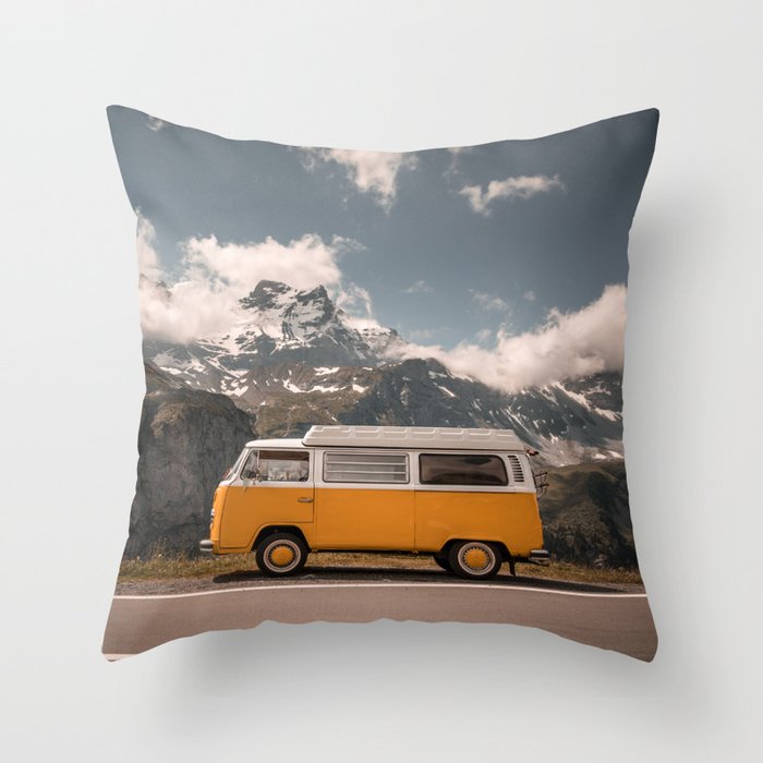 Yellow Minibus on Road Throw Pillow