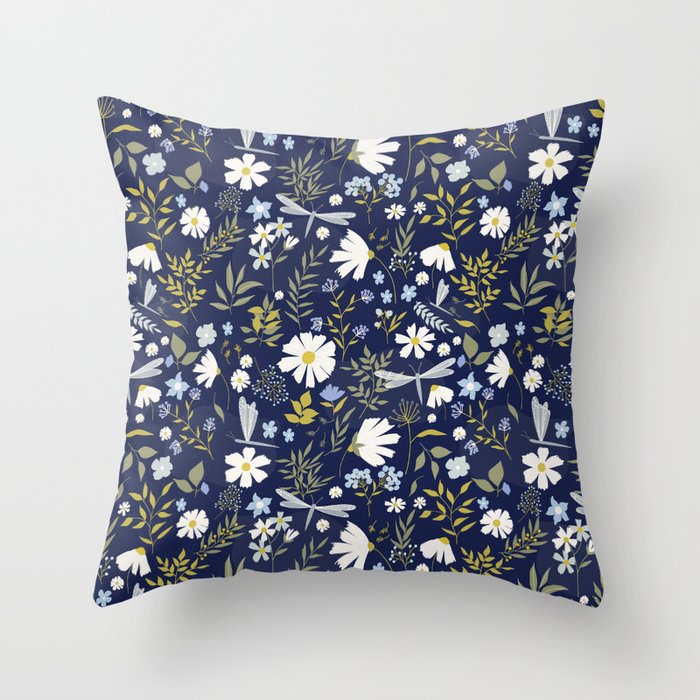 Daisies and Dragonflies Throw Pillow