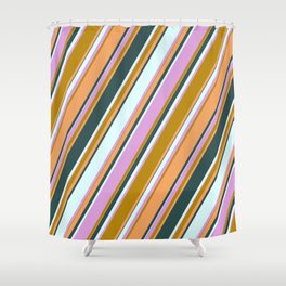 [ Thumbnail: Vibrant Dark Goldenrod, Brown, Dark Slate Gray, Light Cyan, and Plum Colored Lined Pattern Shower Curtain ]