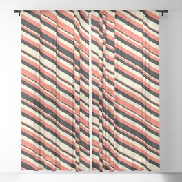 [ Thumbnail: Red, Black & Light Yellow Colored Striped Pattern Sheer Curtain ]