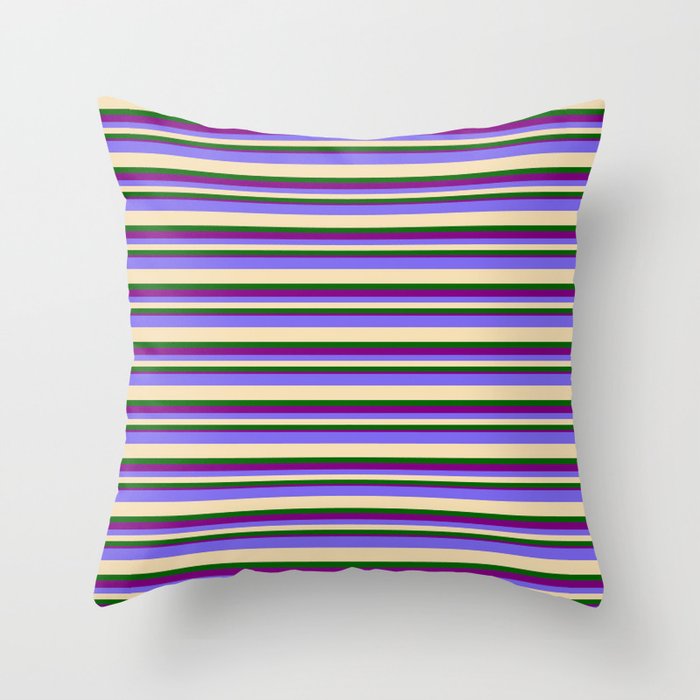Medium Slate Blue, Tan, Dark Green & Purple Colored Pattern of Stripes Throw Pillow
