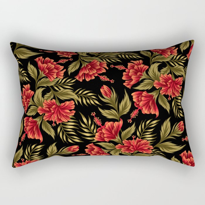Hibiscus Floral - Red / Black Rectangular Pillow