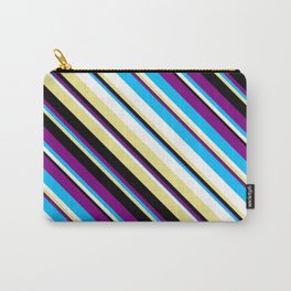 [ Thumbnail: Eye-catching Purple, Deep Sky Blue, White, Tan & Black Colored Striped Pattern Carry-All Pouch ]
